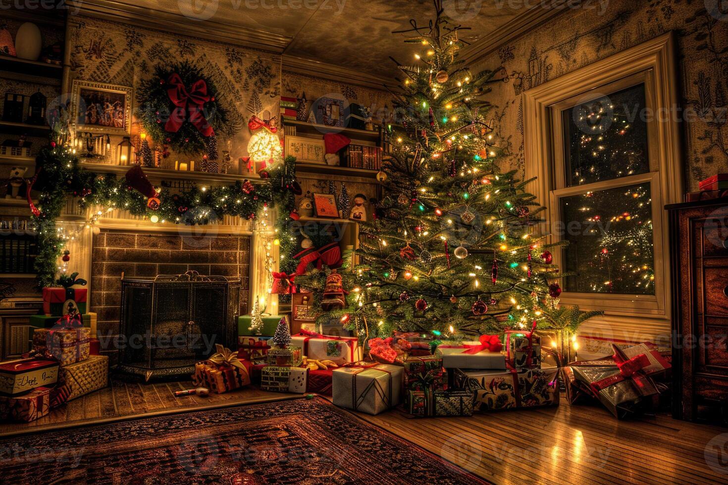 1470x980 Christmas greeting card with bright winter holiday composition and New Year background