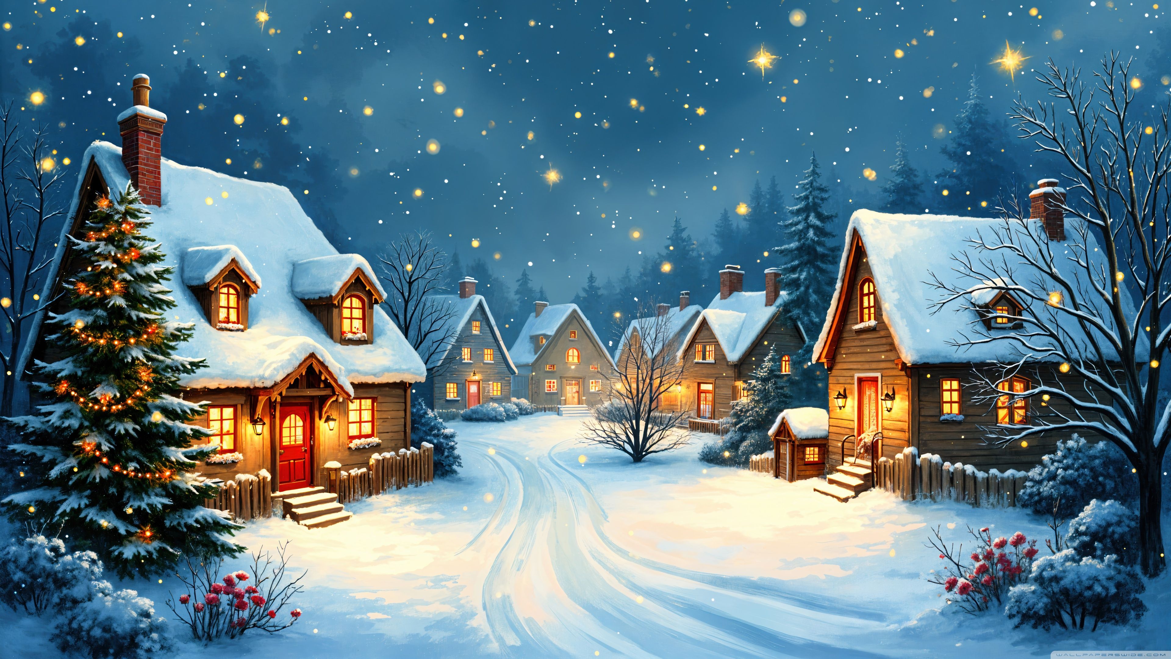 3840x2160 Classic Christmas Village, Winter Illustration 4K UHD Wallpaper for UltraHD Desktop and TV : Widescreen and UltraWide Display : Dual Monitor : Smartphone and Tablet Devices