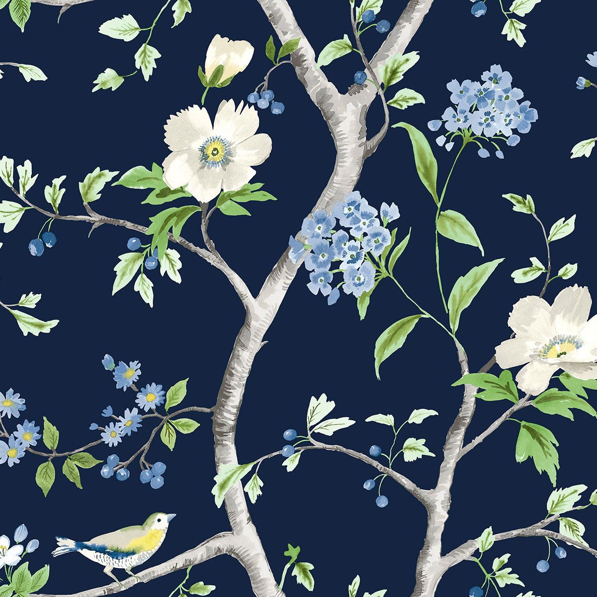 1200x1200 Luxe Haven Navy Blue & Spring Green Floral Trail Peel and Stick Wallpaper