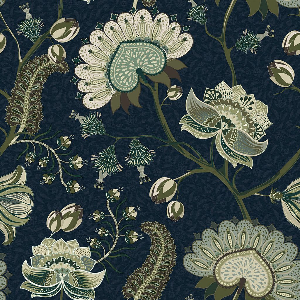 1024x1024 Beaumont Wallpaper in Olive and Sage Green on Classic Navy