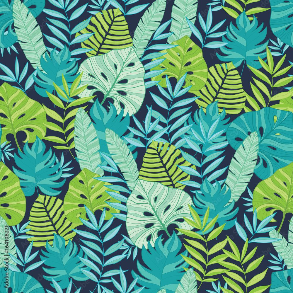 1000x1000 Vector green and navy blue scattered tropical summer hawaiian seamless pattern with tropical green plants and leaves on dark background. Great for vacation themed fabric, wallpaper, packaging. Stock Vector