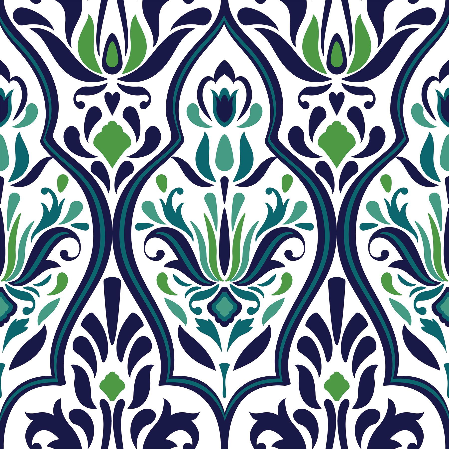 1800x1800 Ocean Park Damask Navy Green Classic Temporary Wallpaper 25” wide by 32” high / Peel and Stick