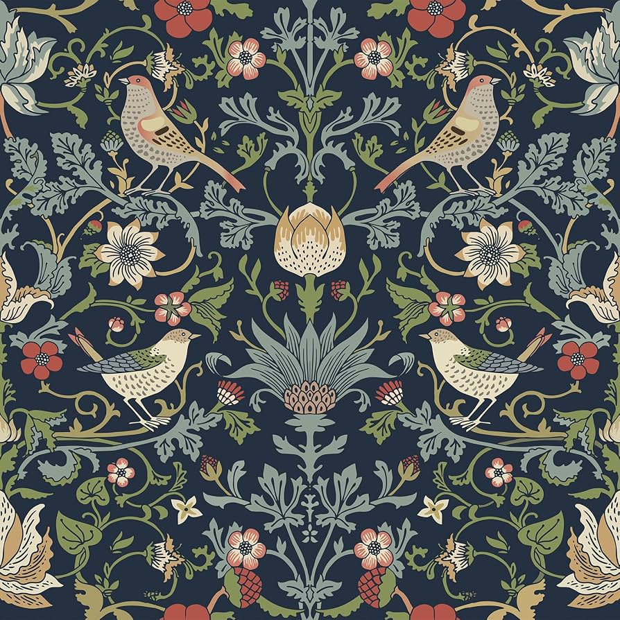 894x894 FunStick Navy Blue Floral Wallpaper Peel and Stick Vintage William Morris Green Leaf Bird Red Strawberry Victorian Wallpaper for Bathroom Waterproof Floral Contact Paper for Walls Cabinets 17.5x118