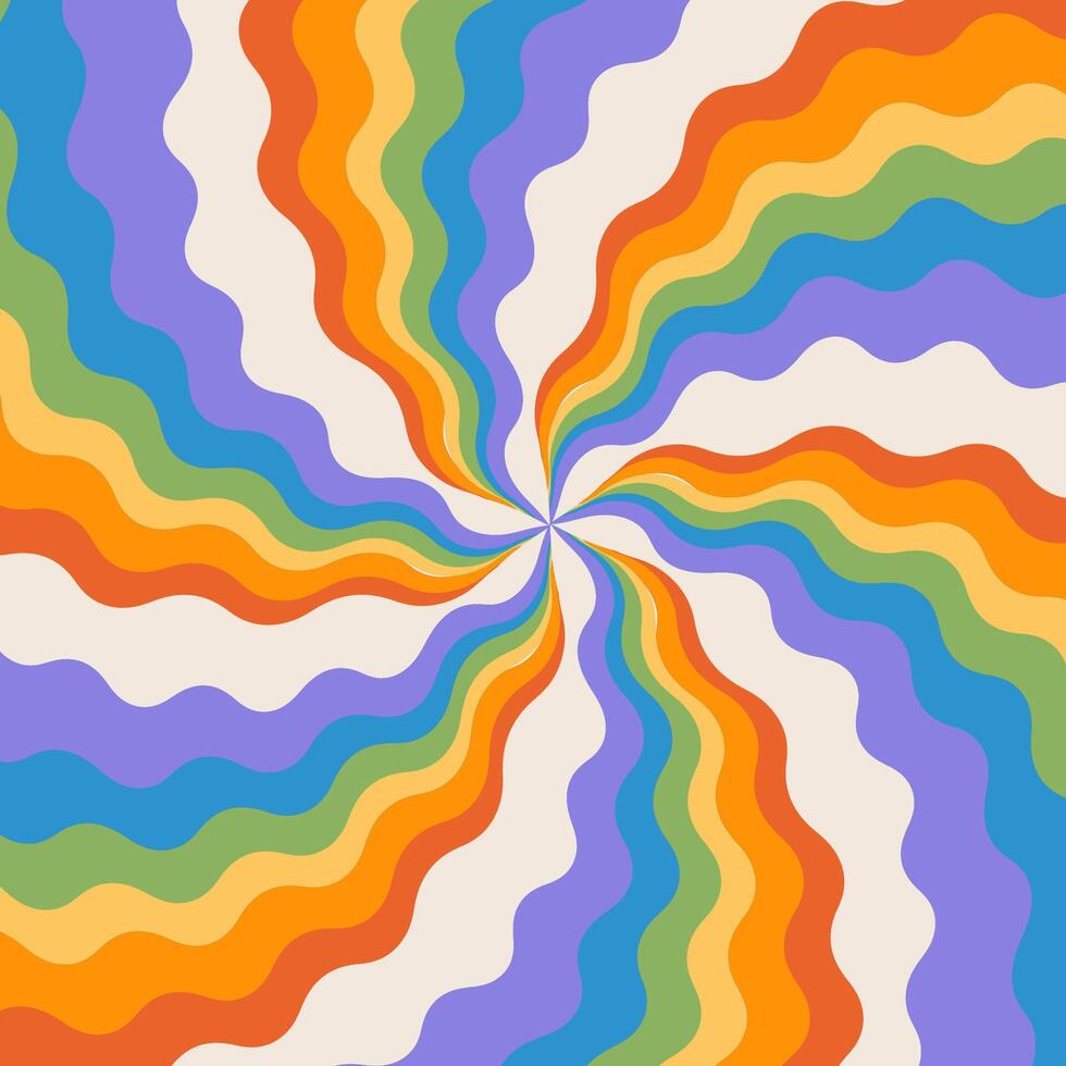 980x980 Groovy Abstract Rainbow Swirl Background With Concentric Wavy Striped Rays. Retro Design In 1960 1970s Style. Vintage Backdrop. Colorful Summer Hippie Carnival Illustration