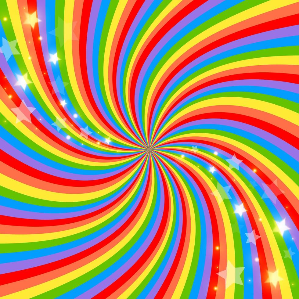 980x980 Rainbow swirl background with stars. Radial gradient rainbow of twisted spiral. Vector illustration