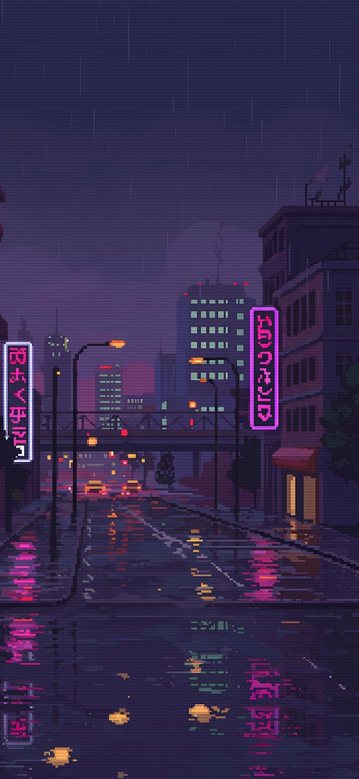 738x1600 Pixel Art Rainy Neon Cityscape iPhone Wallpaper