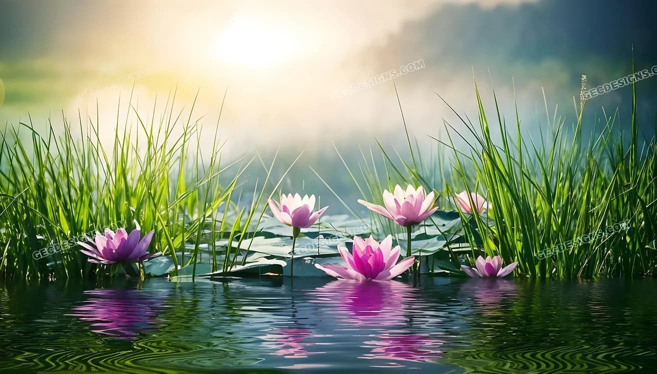 1315x750 Pond with beautiful lotus flowers and green grass wallpaper: Free & Premium Creative Assets