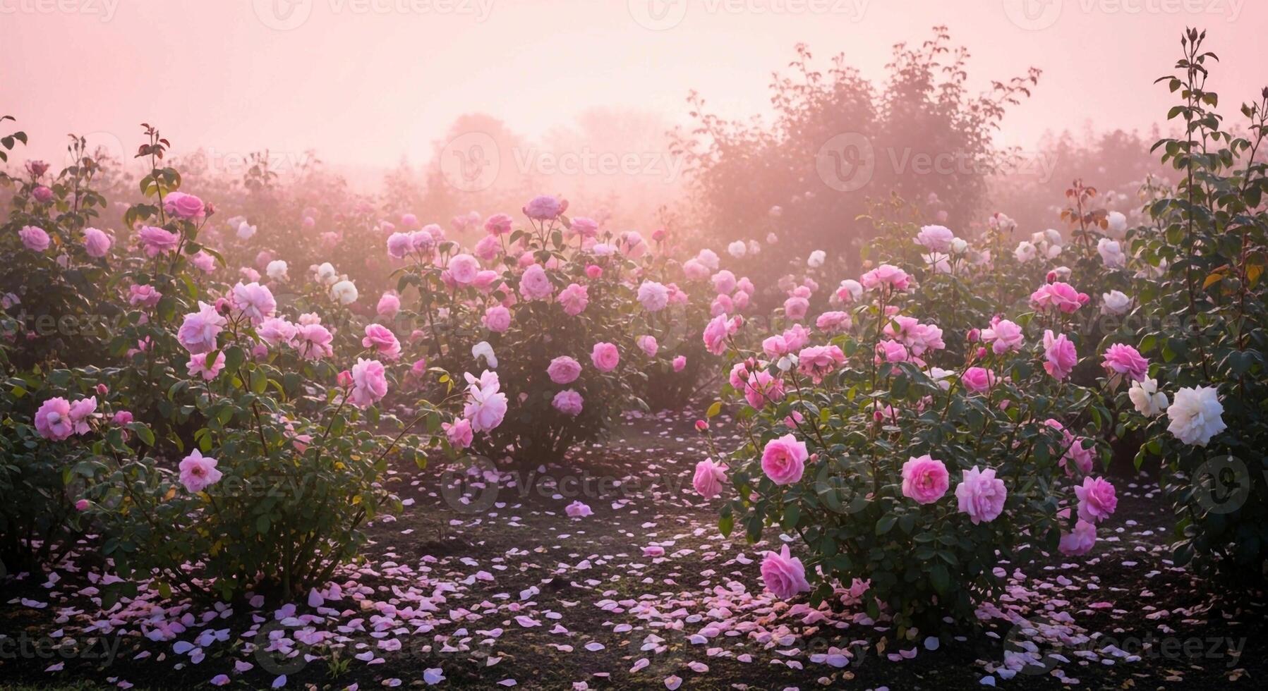 1797x980 A field of pink roses in the fog