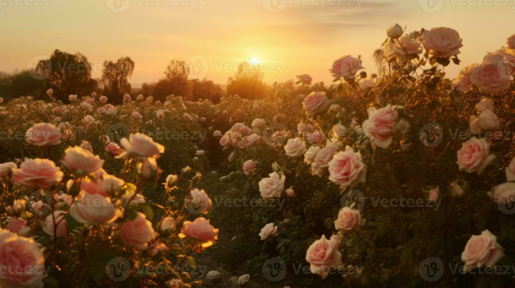 1749x980 Pink rose field in sunset light, in the style of sun rays shining upon a field of roses. Generative AI