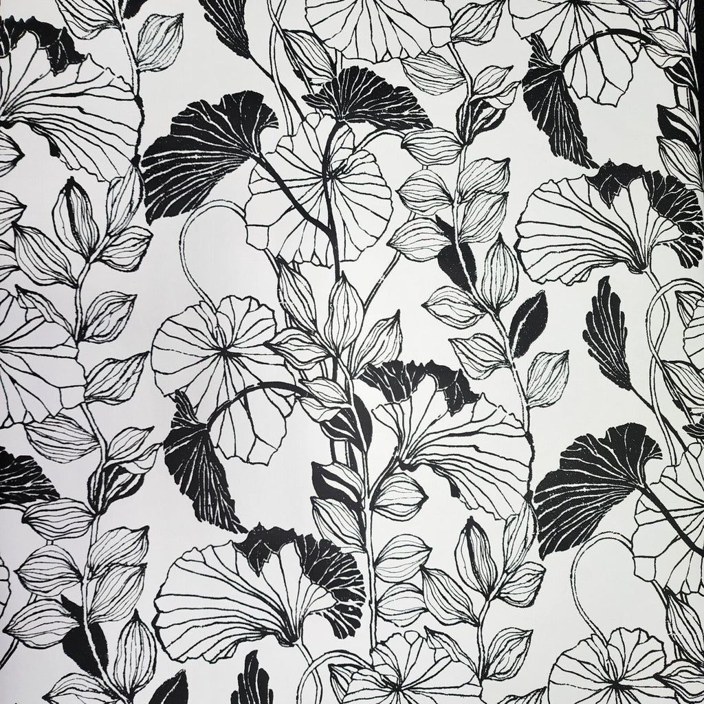 1024x1024 Modern Floral Black & White Leaf Outline plants contemporary Wallpaper FP2660