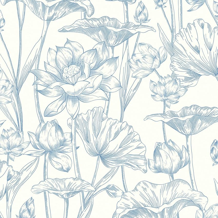 894x894 Vinjiasin Peel and Stick Wallpaper Blue Floral Contact Paper Modern Lotus Wall Paper for Bathroom Bedroom Self Adhesive Removable Flower Leaf 16.1x 78.7