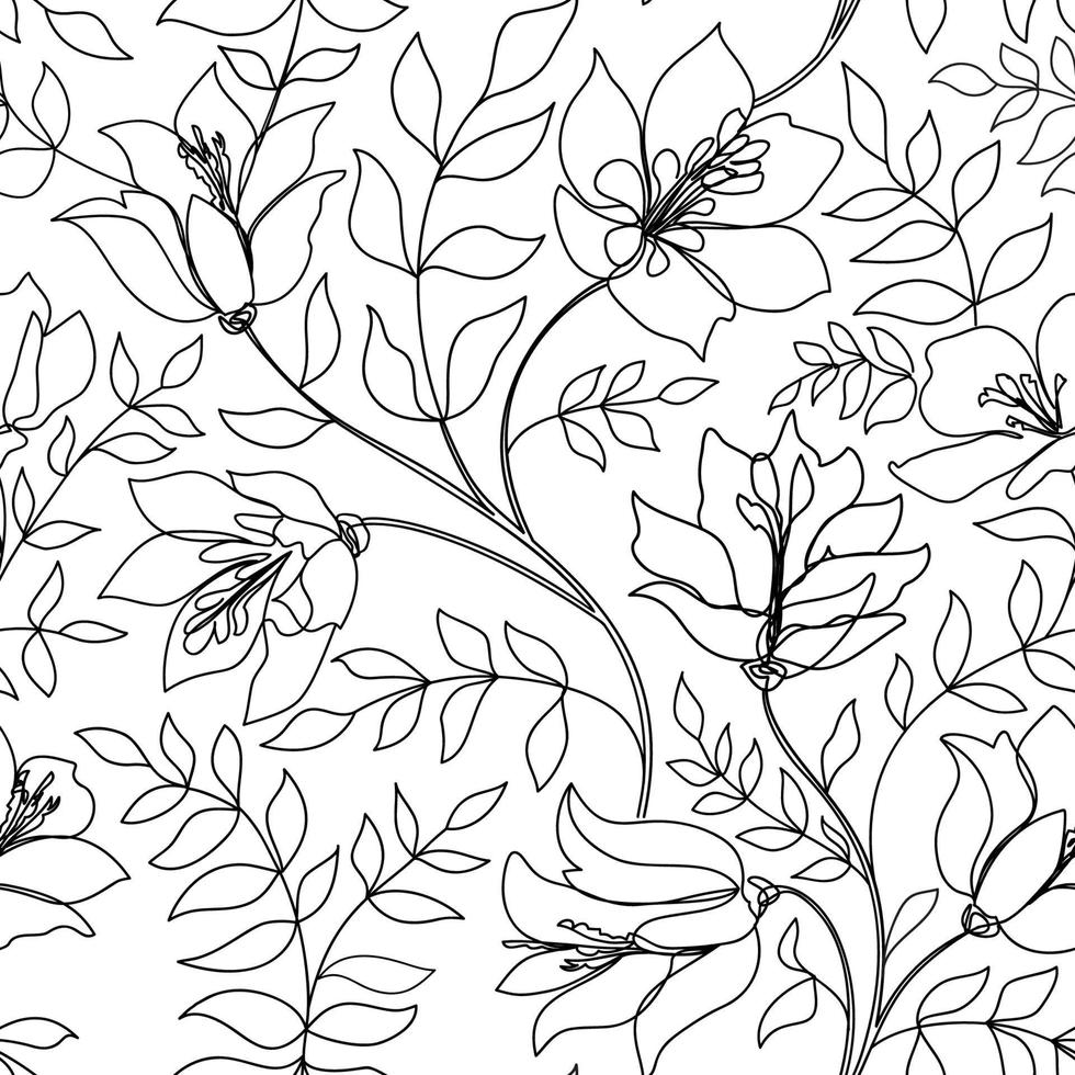 980x980 Floral seamless line art pattern. Flower outline background. Floral linear drawn texture with flowers. Flourish tiled wallpaper