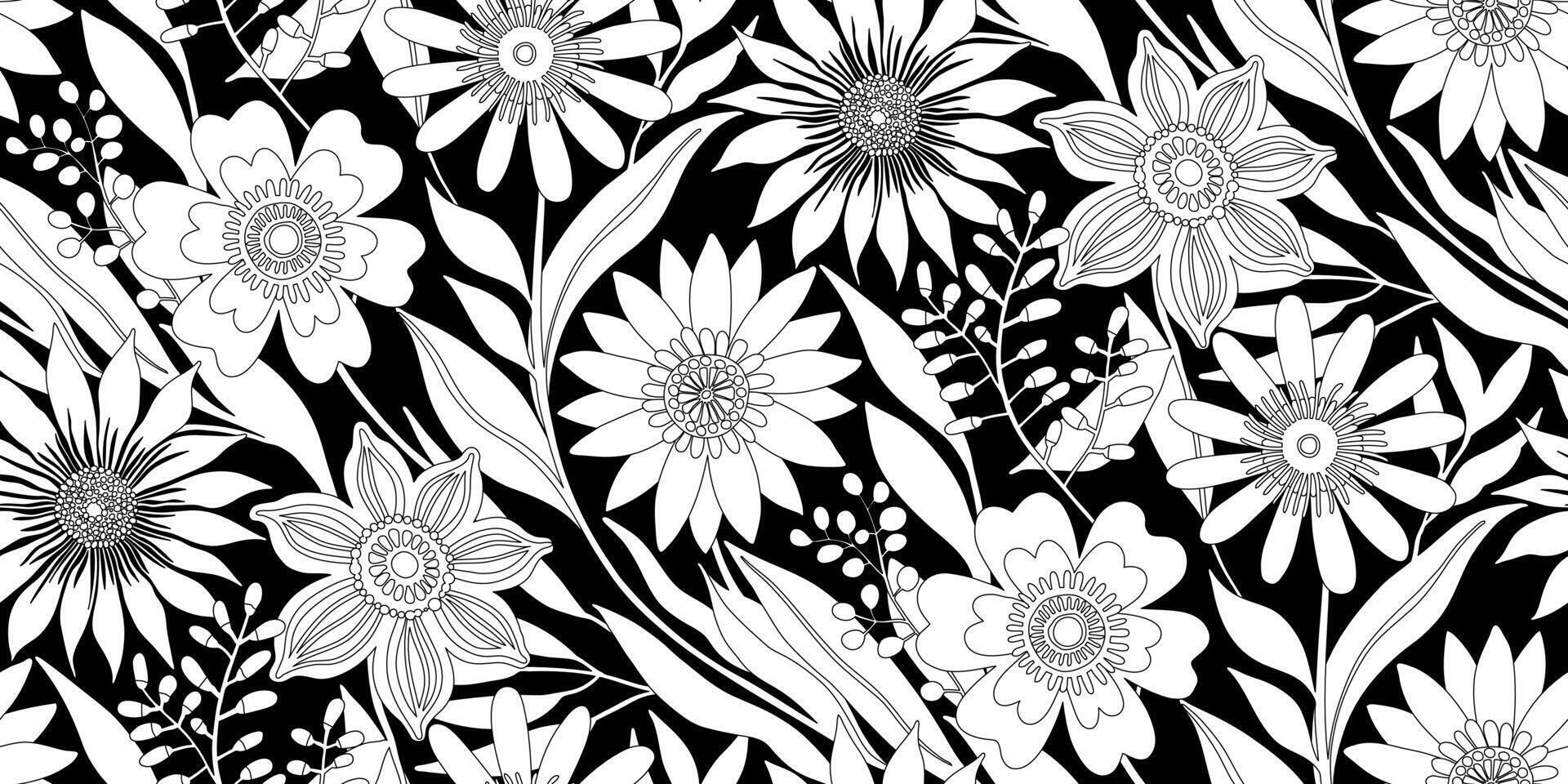 1920x960 Half drop Floral Seamless Pattern of Fantasy Flower Field thin Line Drawing on a White silhouette on a Black Background. Wallpaper Design for Textiles, Papers, Prints, Fashion, Wrappings. 48448145 Vector