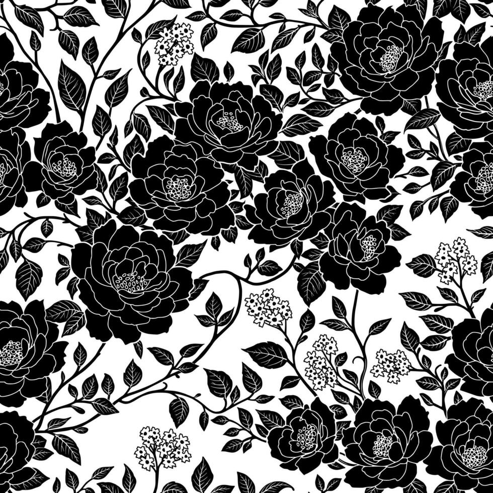 980x980 Seamless Floral Pattern featuring Black Silhouettes of Rose Flowers and Leaves with Outlines on a White background. Wallpaper Design for Textiles, Papers, Prints, Beauty Products