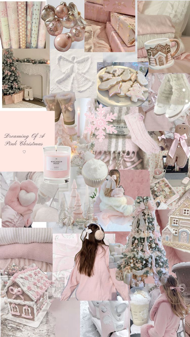 750x1333 Soft Snowy Pink Christmas Aesthetic Collage Wallpaper for Phone