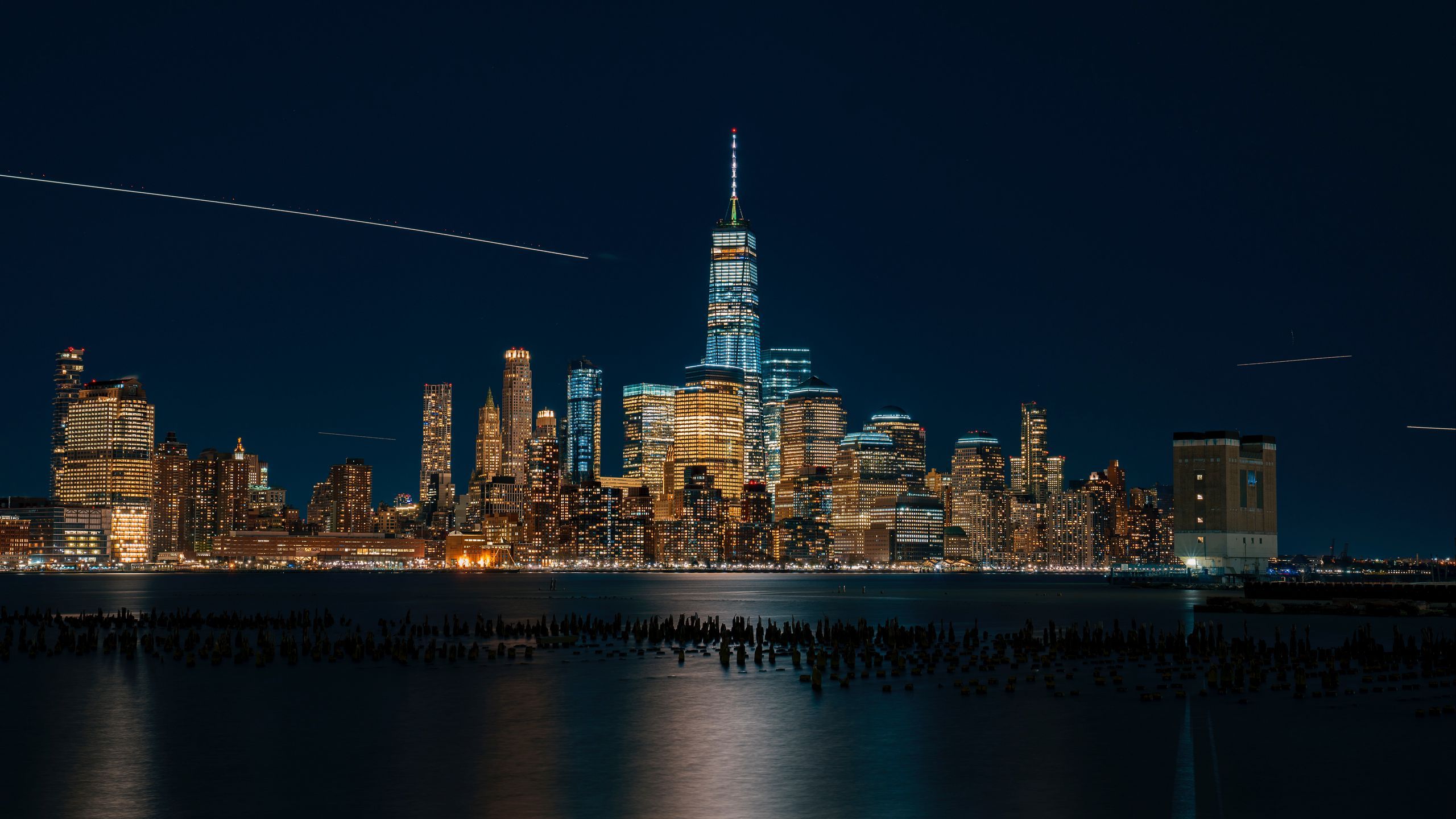 2560x1440 Download wallpaper 2560x1440 new york, usa, night city, panorama, skyscrapers, beach widescreen 16:9 HD background