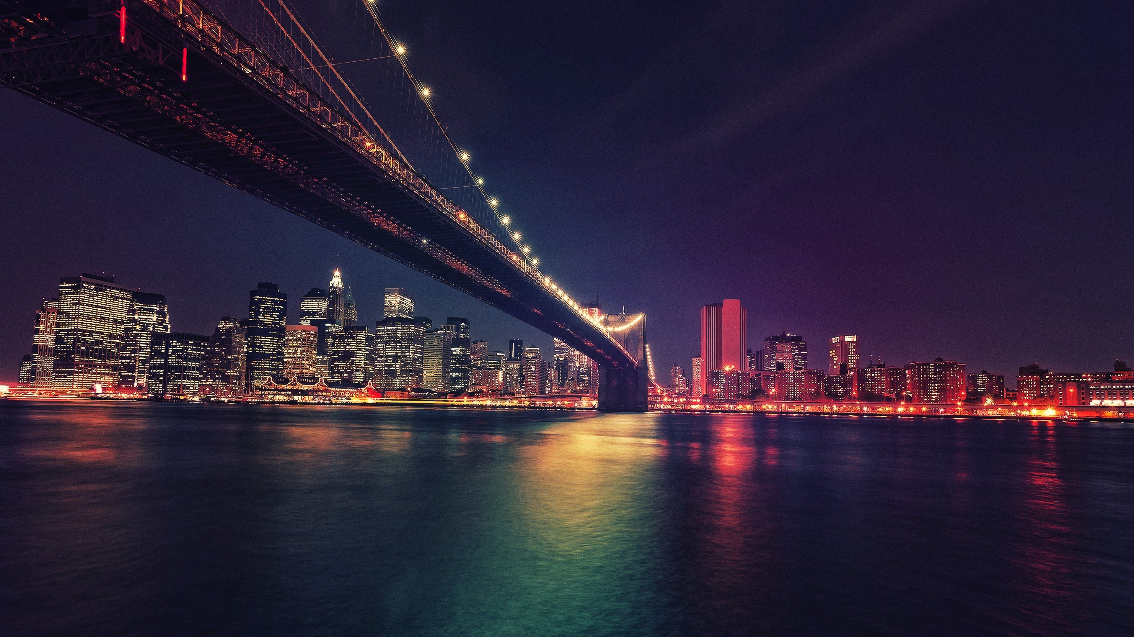 3840x2160 New York City, Cityscape, USA, Night, Brooklyn Bridge, Landscape, Neon Wallpaper HD / Desktop and Mobile Background