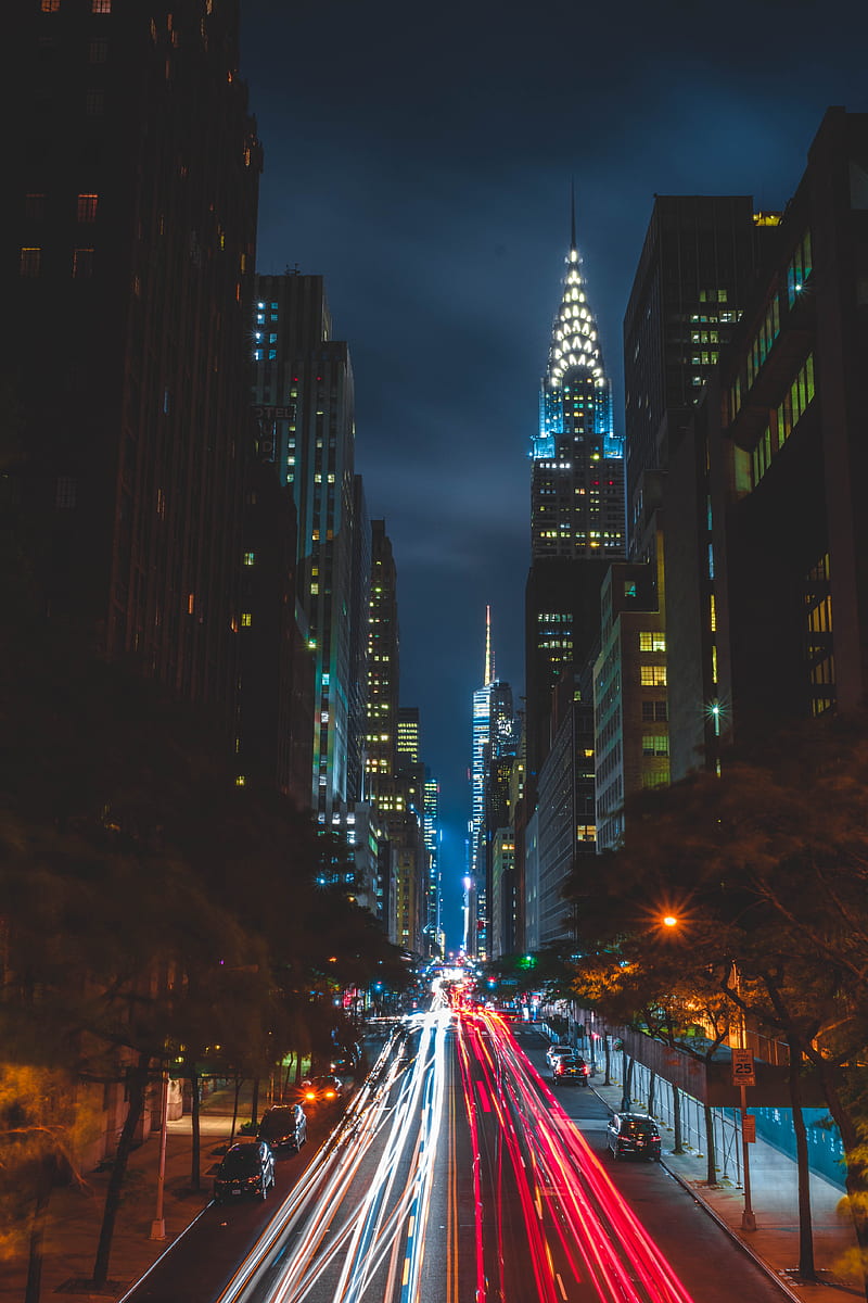 800x1200 Night city, long exposure, city lights, road, new york, usa, HD phone wallpaper
