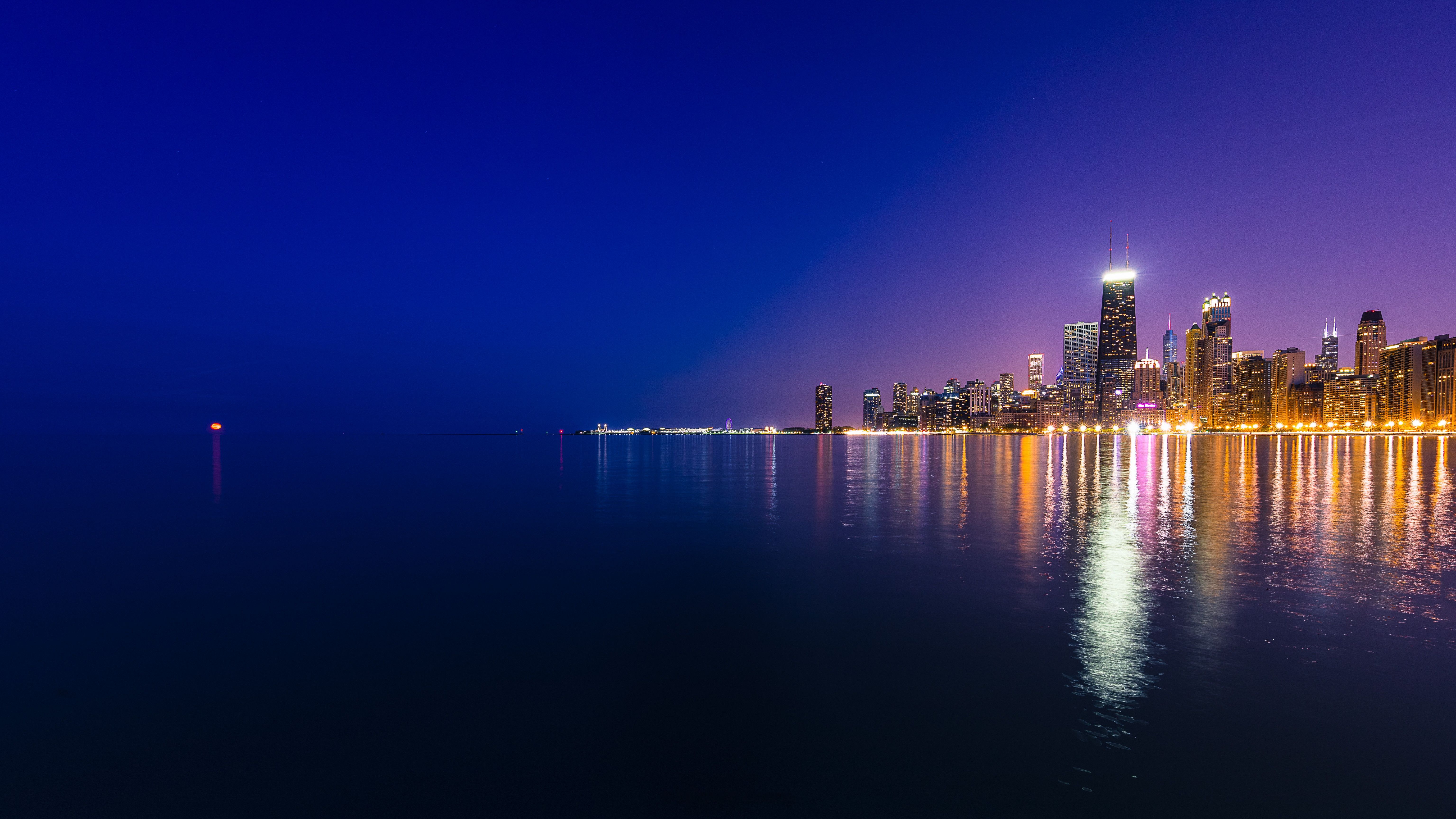 6144x3456 Wallpaper city, lights, USA, Chicago, landscape, night, Lake Michigan, Michael Zheng for mobile and desktop, section город, resolution 6144x3456
