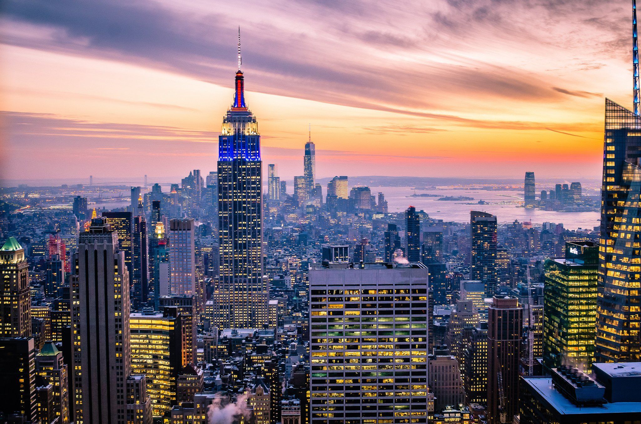 2048x1356 new, York, Usa, Manhattan, Empire, State, Building, New, York, Usa, Skyscrapers, Buildings, Lights, Sky, Clouds, Night, Sunset, Twilight, City Wallpaper HD / Desktop and Mobile Background