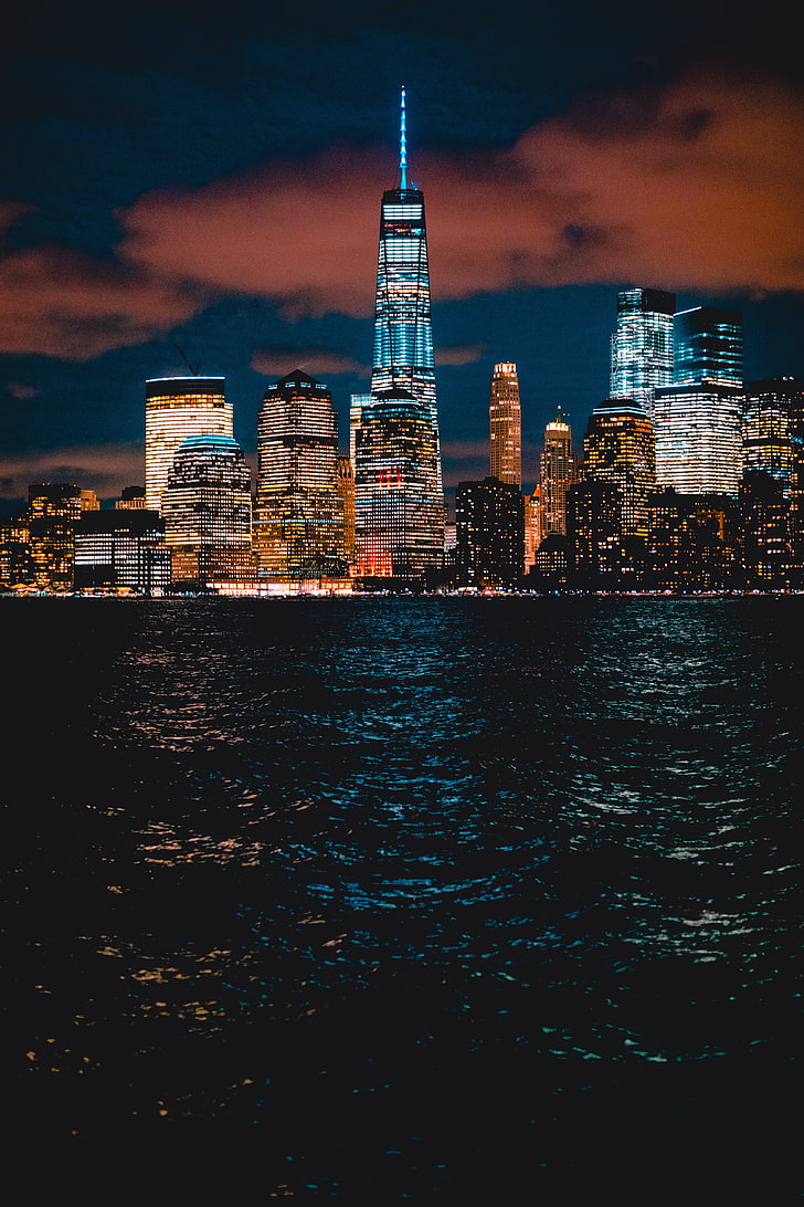 728x1092 HD wallpaper: ocean and cities, new york, skyscrapers, shore, night, urban Skyline