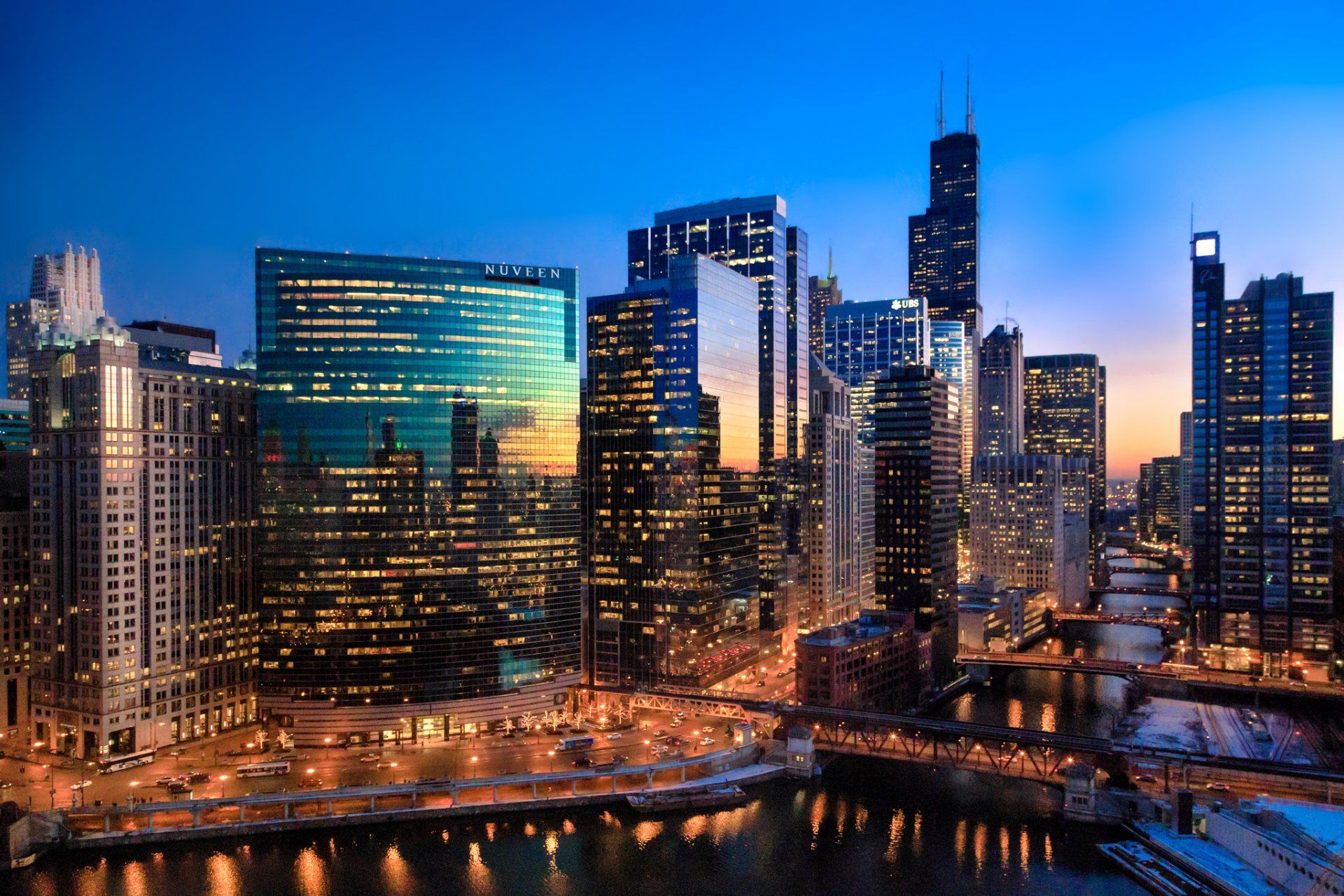 1920x1280 Download Light Skyscraper Building Night River USA City Man Made Chicago HD Wallpaper