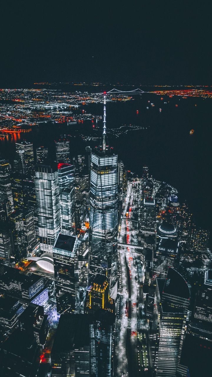 720x1280 Cityscape at Night in New York, USA. Wallpaper of cities at night, Downtown night city cityscape poster, Night city screensaver
