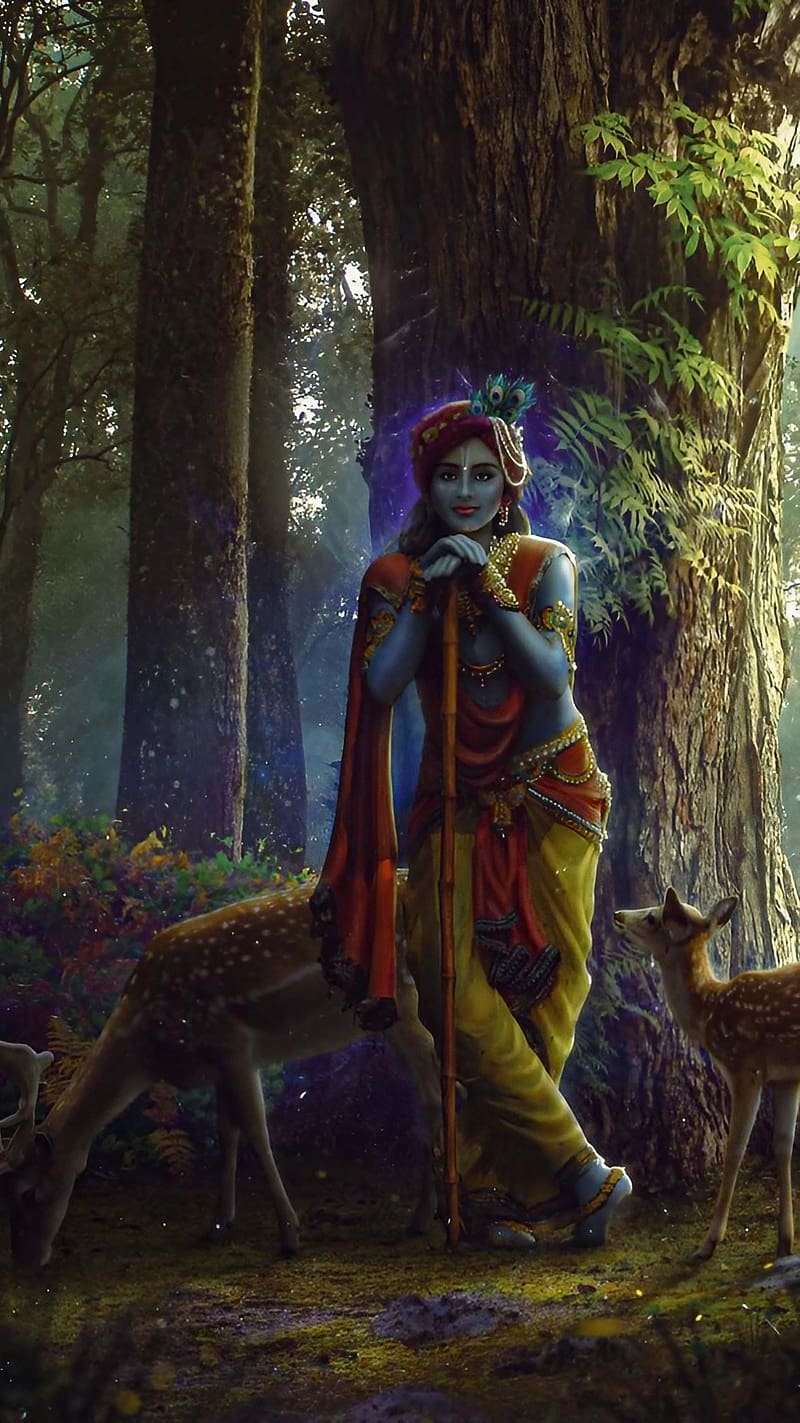 800x1423 Shri Krishna, God Krishna With Deer, lord, bhakti, HD phone wallpaper