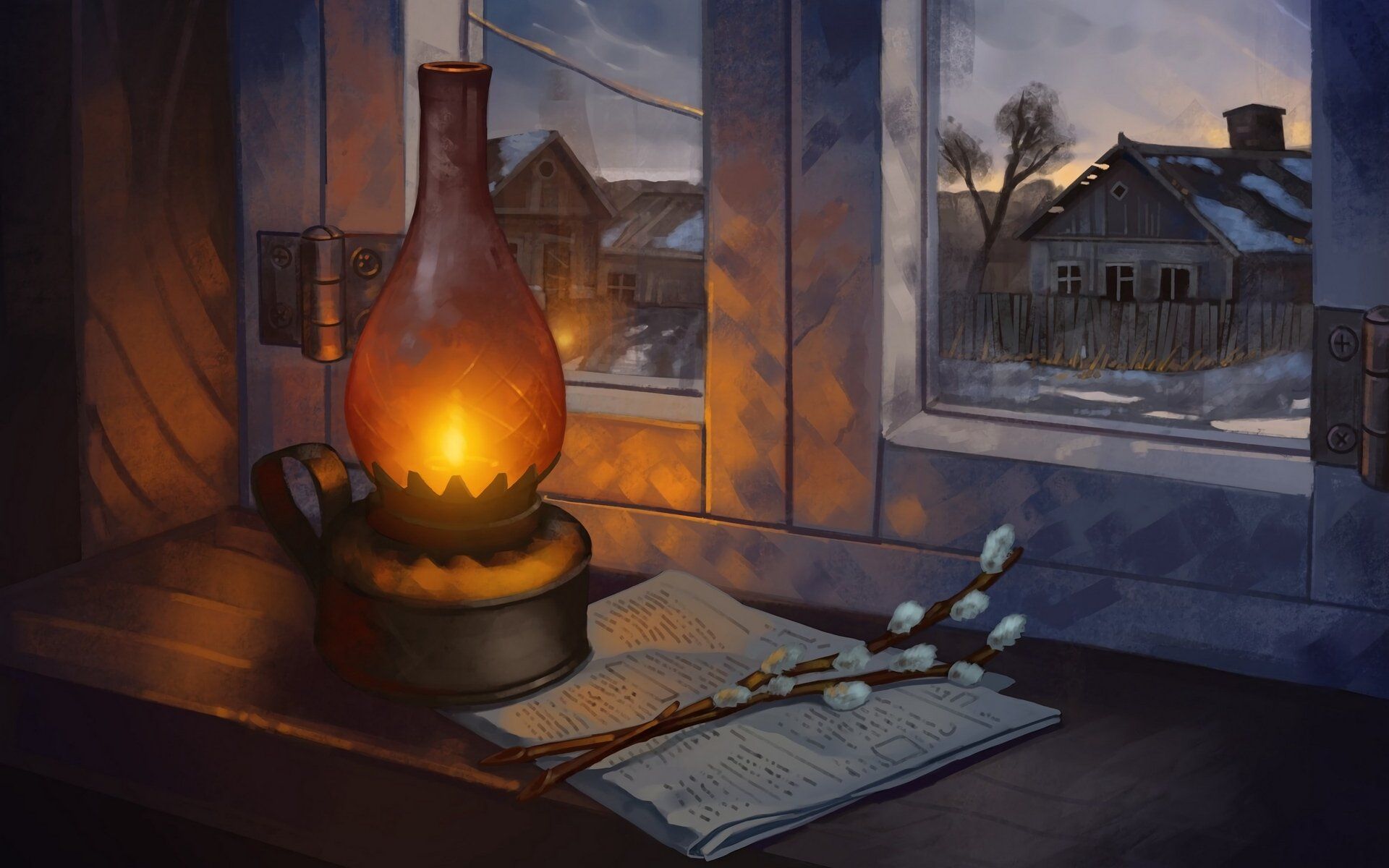 1920x1200 Download Pussy Willow Kerosene Lamp Window Artistic Still Life HD Wallpaperx1200