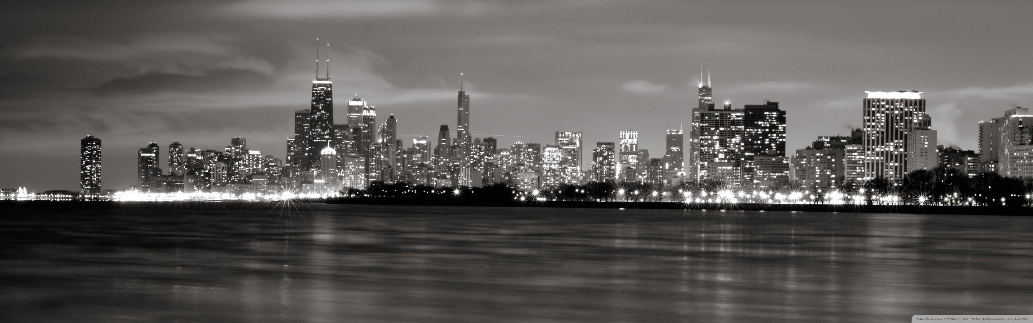 3360x1050 Chicago Skyline BW Ultra HD Desktop Background Wallpaper for 4K