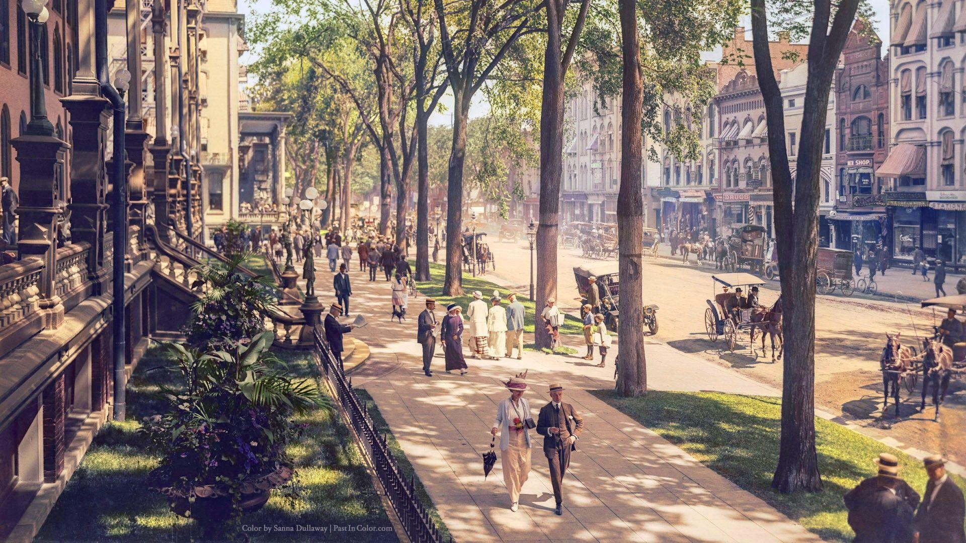 1920x1080 #vintage, #USA, #trees, #street, #dappled sunlight, #horse