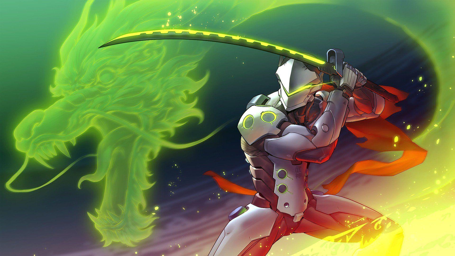 1920x1080 Genji Shimada, Robot, Dragon, Sword, Fantasy art, Overwatch, Genji