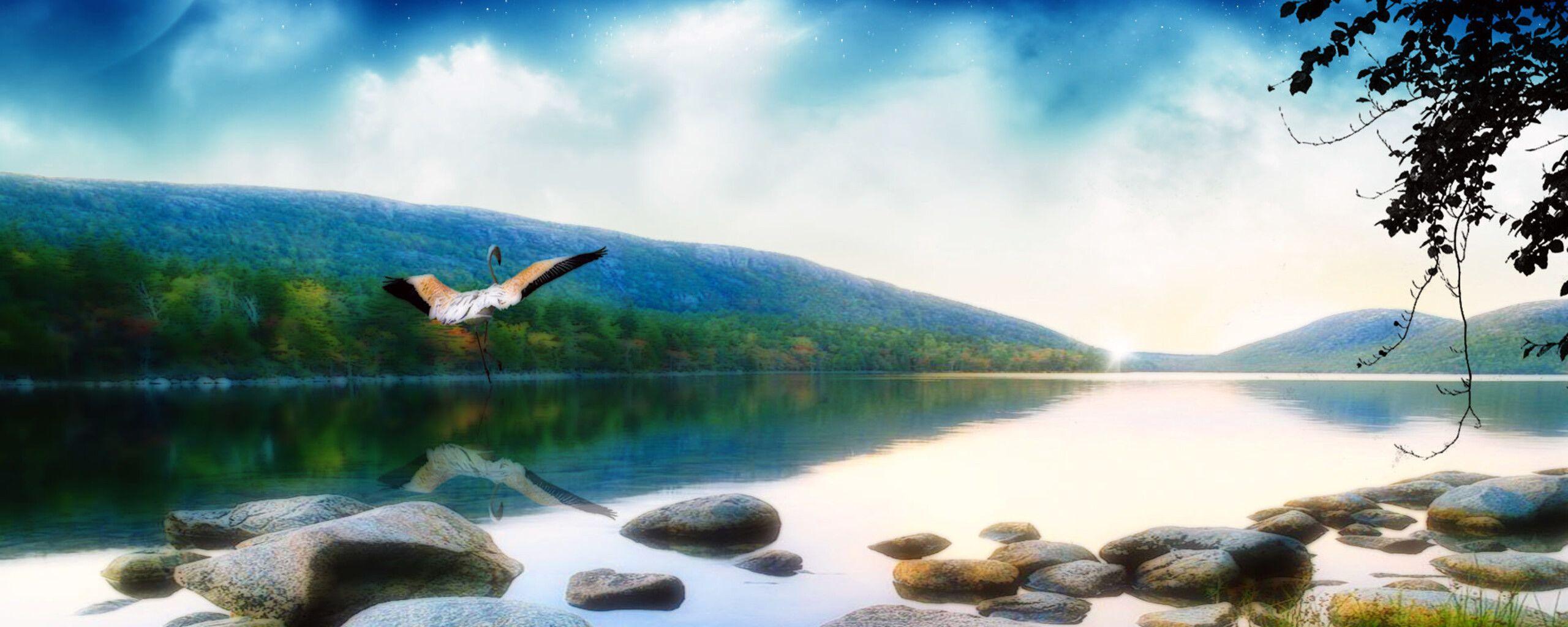2560x1024 Abstract summer wallpaper in the river and big moon