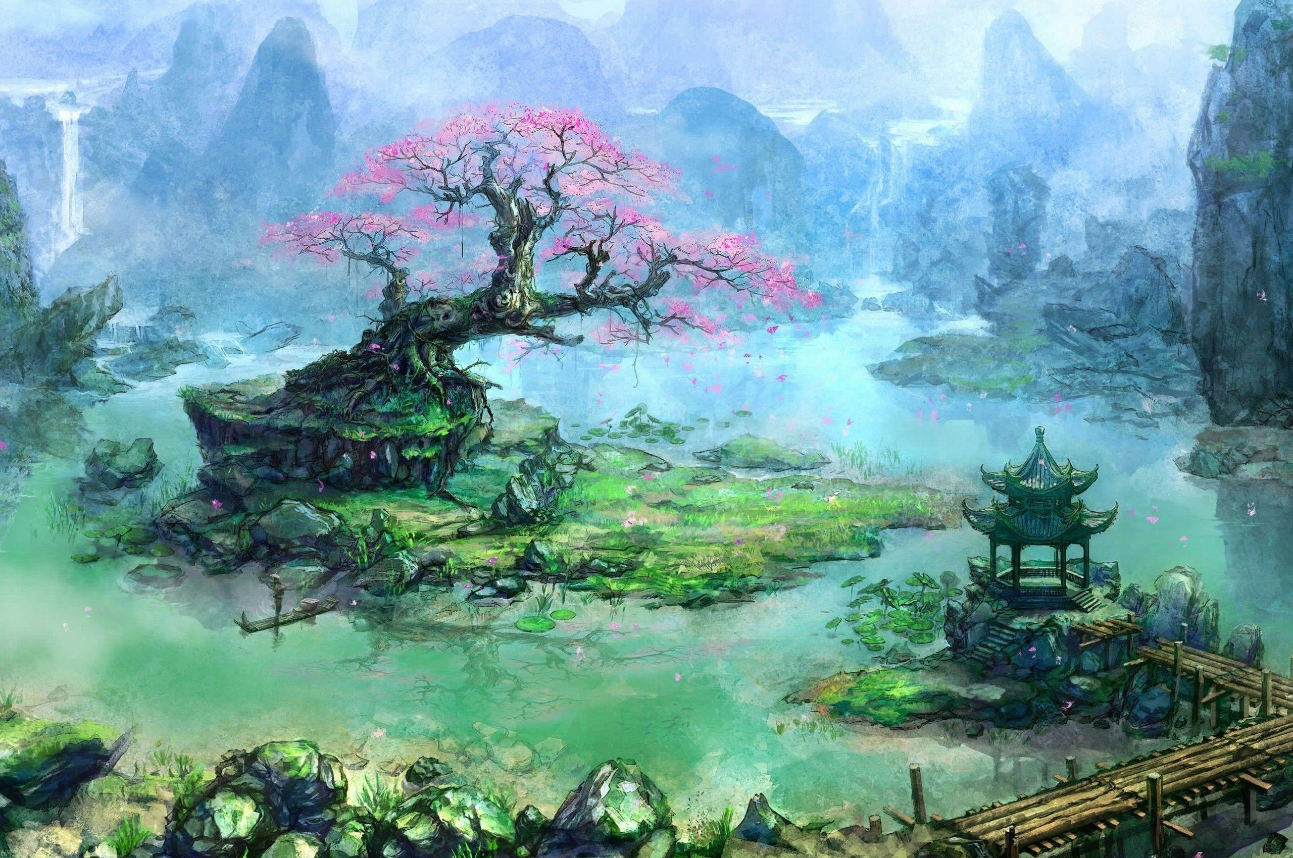 2560x1700 Download 2560x1700 Fantasy Landscape, Cherry Blossom, Scenic
