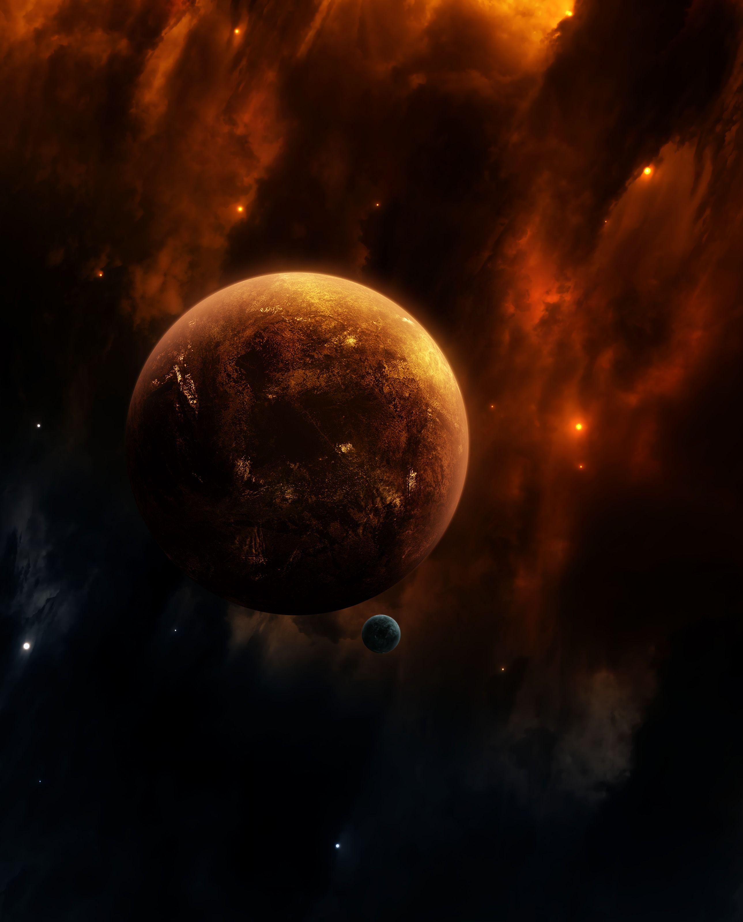 2578x3200 Download 2578x3200 Planets, Cosmos, Orange Nebula Wallpaper