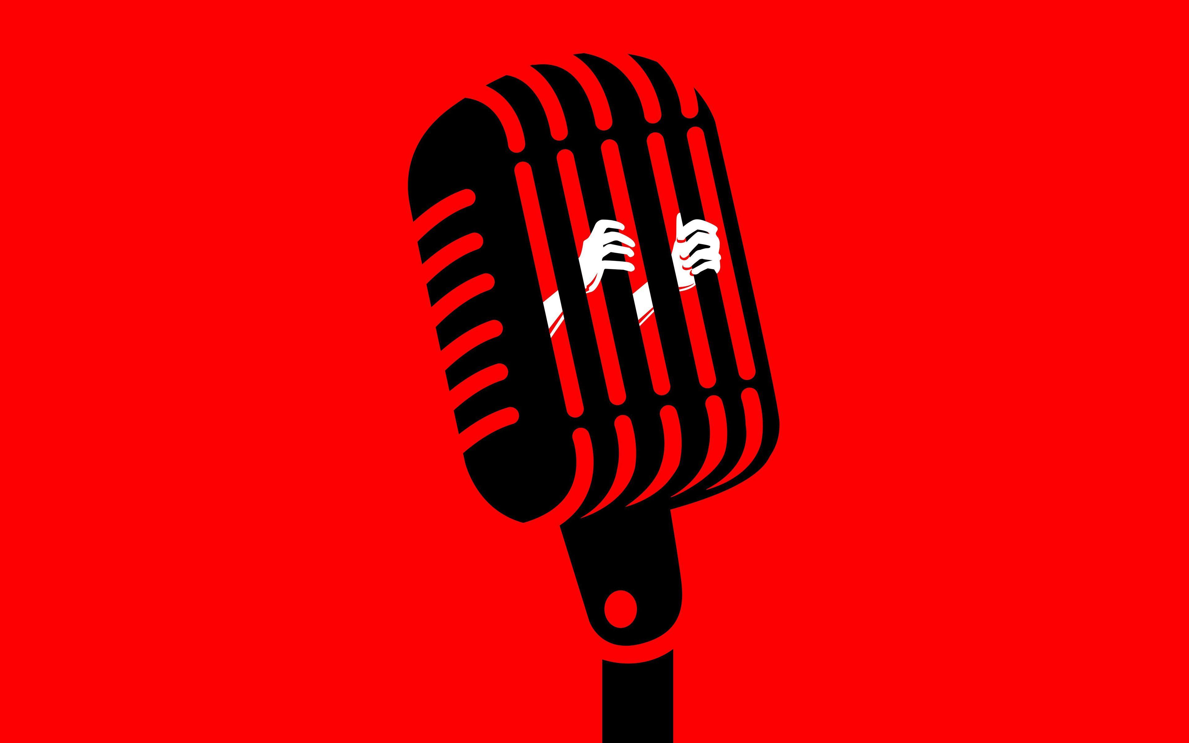 3840x2400 Download wallpaper microphone, 4k, musical concepts, minimal, freedom of music, creative, red background, black microphone for desktop with resolution 3840x2400. High Quality HD picture wallpaper