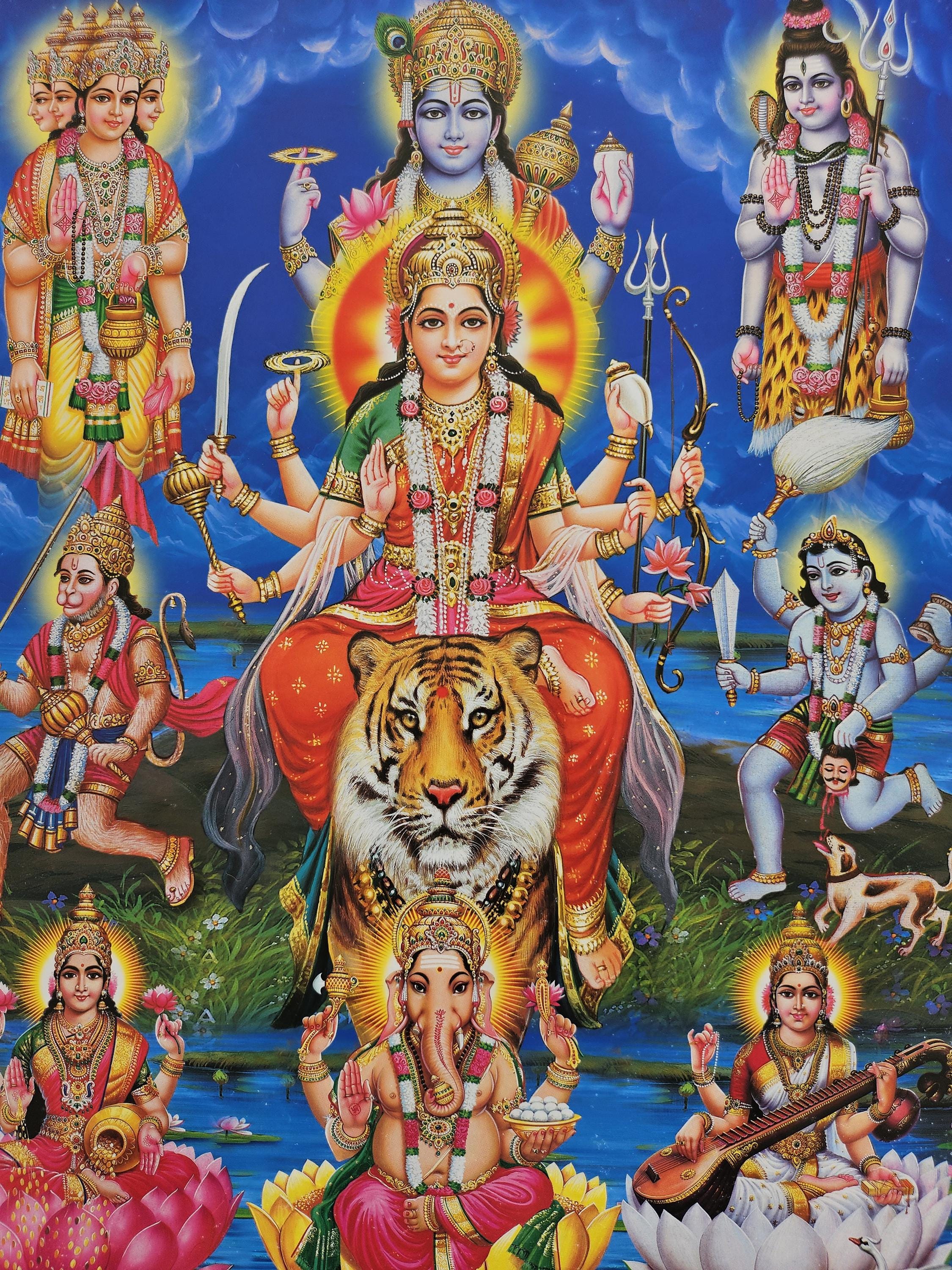 2250x3000 Modern print of Hindu goddess durga maa, lakshmi, saraswati, ganesh, hanuman, bhairav and trimurti 15inch x 20inch unframed