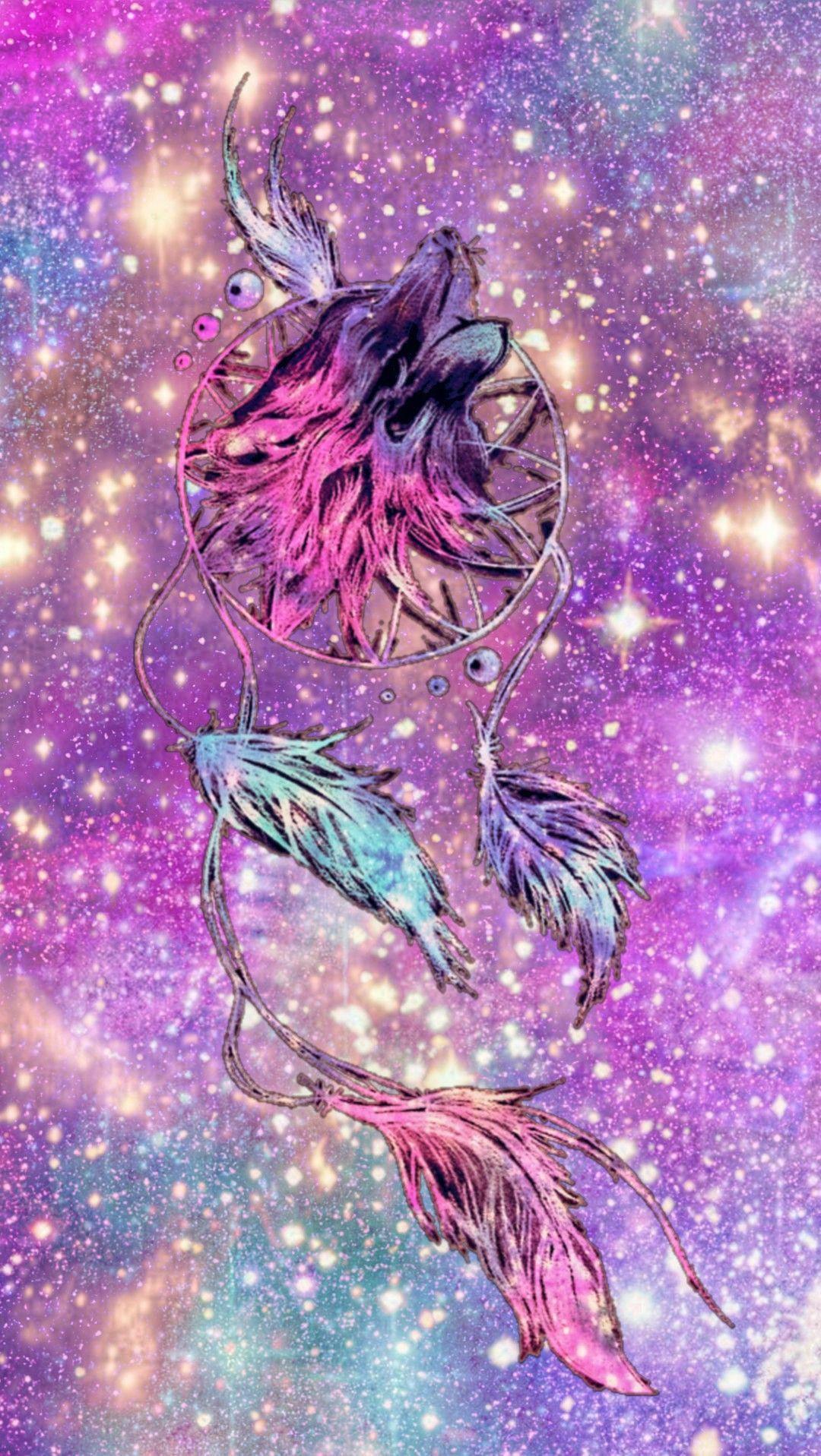 1080x1917 Wolf Dreamcatcher Galaxy, made by me #purple #sparkly #wallpaper # background #sparkles #glit. Dream catcher wallpaper, iPhone wallpaper glitter, Wolf wallpaper