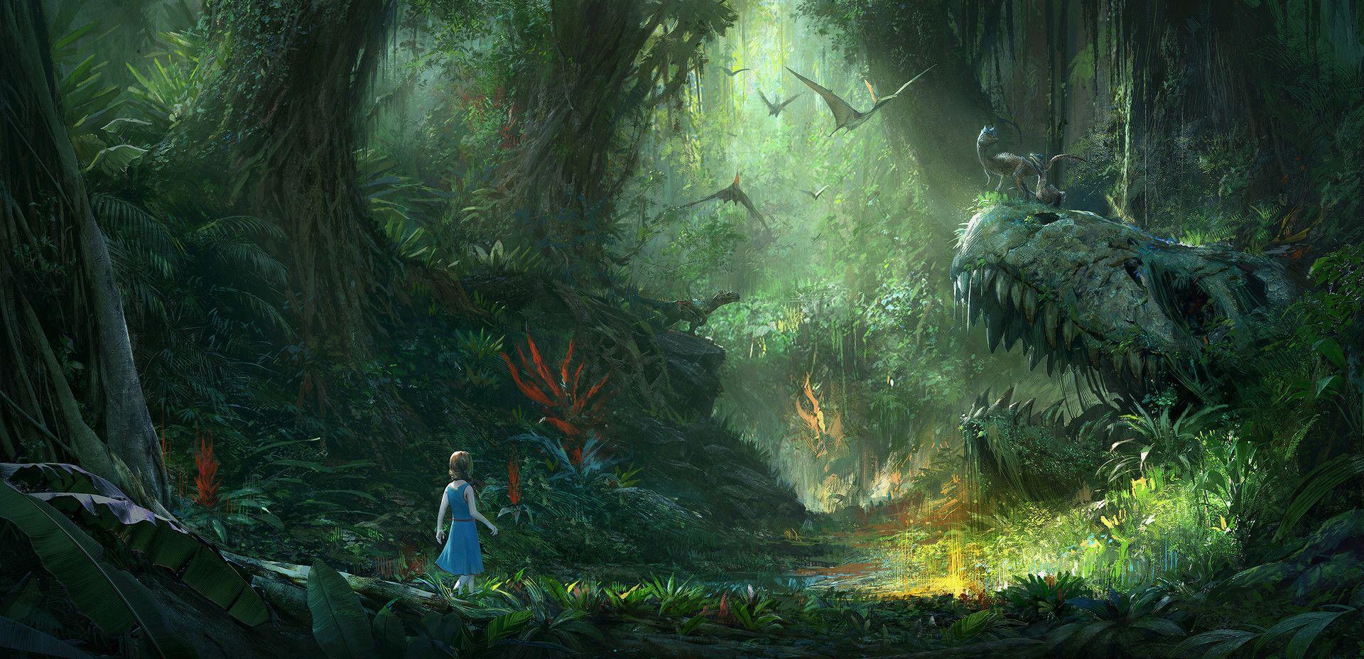 1920x928 #green, #lights, #jungle, #digital art, #nature, #trees
