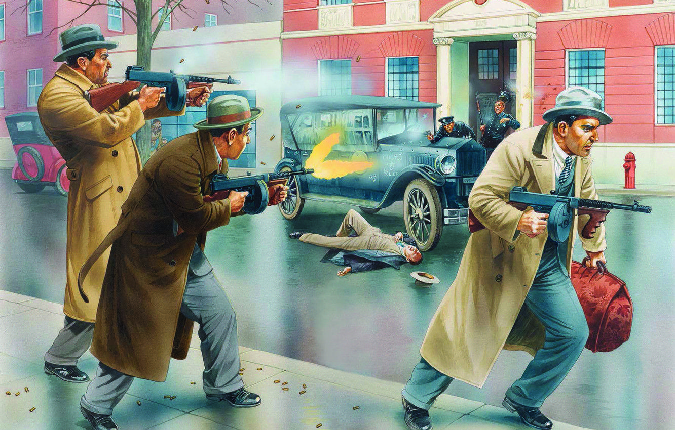 1332x850 Wallpaper art, Chicago, artist, gangsters, Peter Dennis., submachine gun, shooting a submachine gun Tommy gun, the shootout with police, The Thompson, Bank robbery - for desktop, section живопись