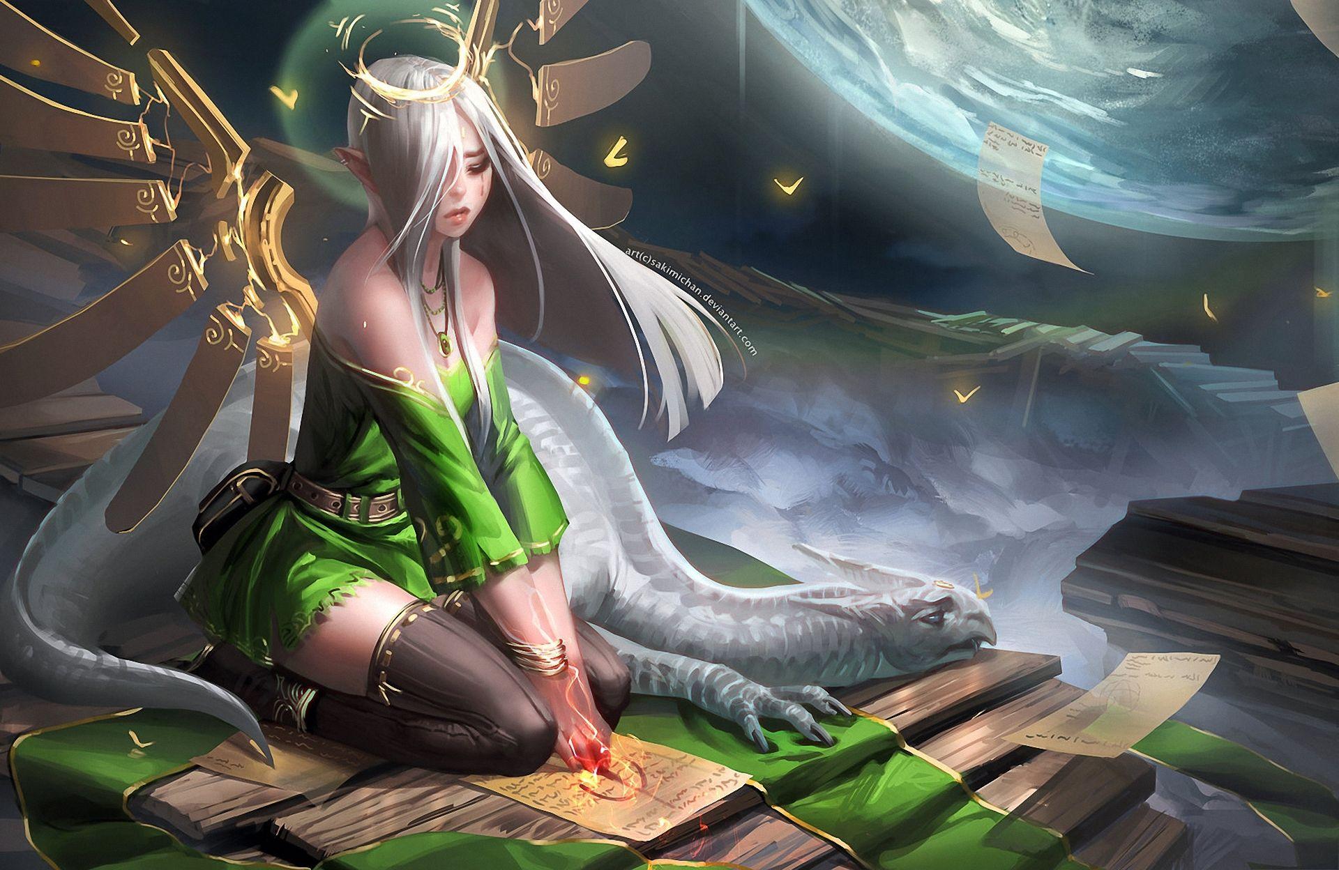 1920x1248 Art sakimichan girl dragon wings halo spell leaflets elf ears