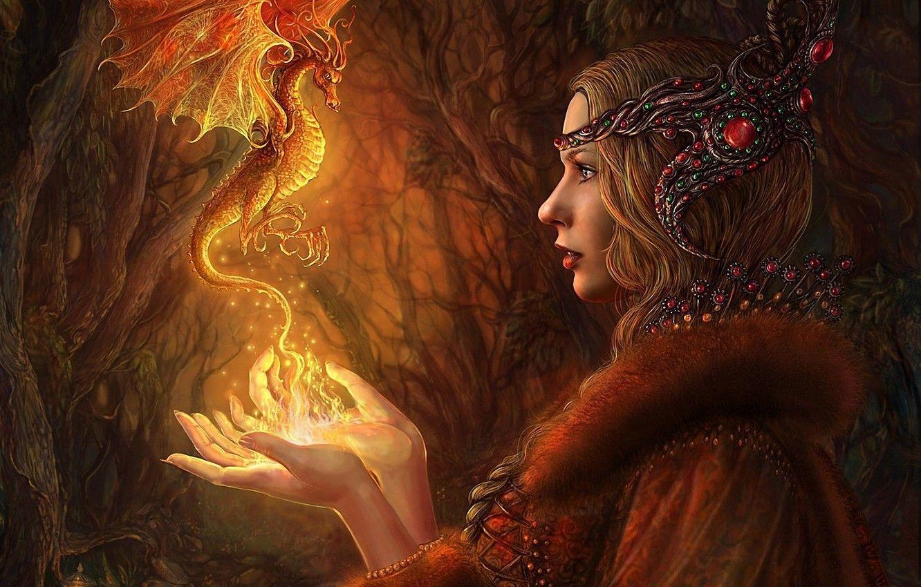 1332x850 Wallpaper forest, girl, decoration, fire, magic, dragon, art