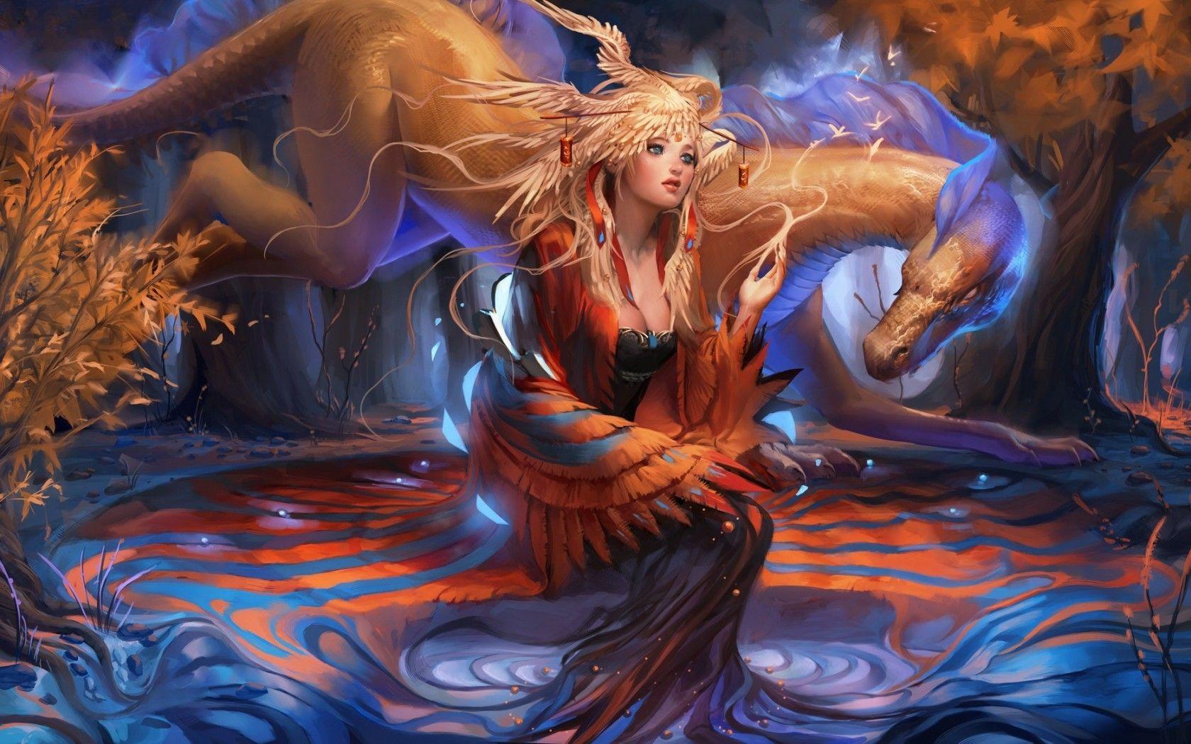 1680x1050 Fantasy Art Girl Dragon Forest Princess Magic Wings HD Wallpaper