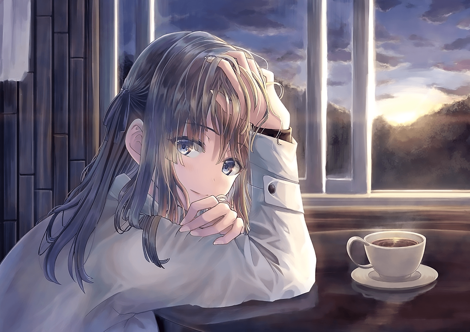1920x1360 Drinking Coffee Anime Girl Wallpaper