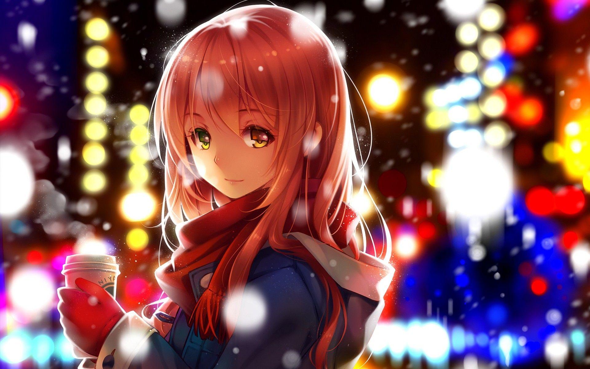 1920x1200 coffee, Winter, Snow, Lights, Anime, Original Characters, Anime