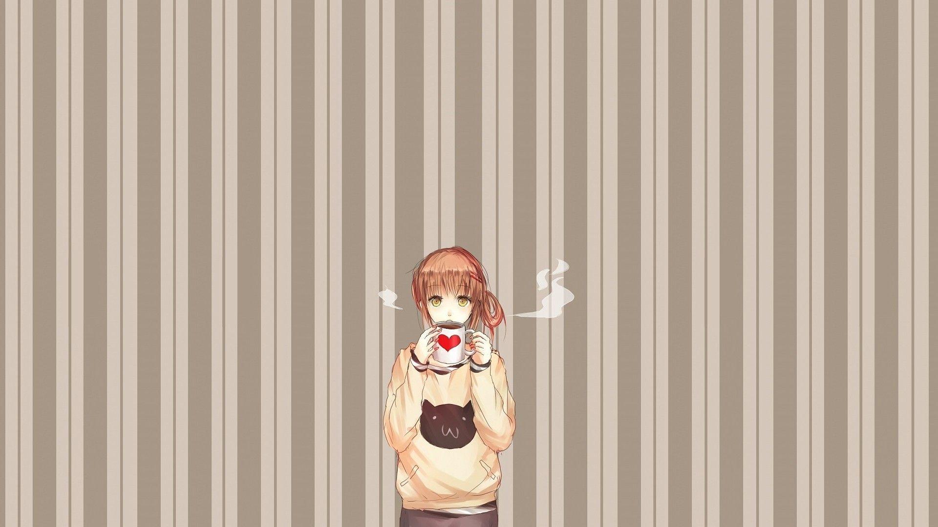 1920x1080 anime, Anime Girls, Coffee, Stripes Wallpaper HD / Desktop