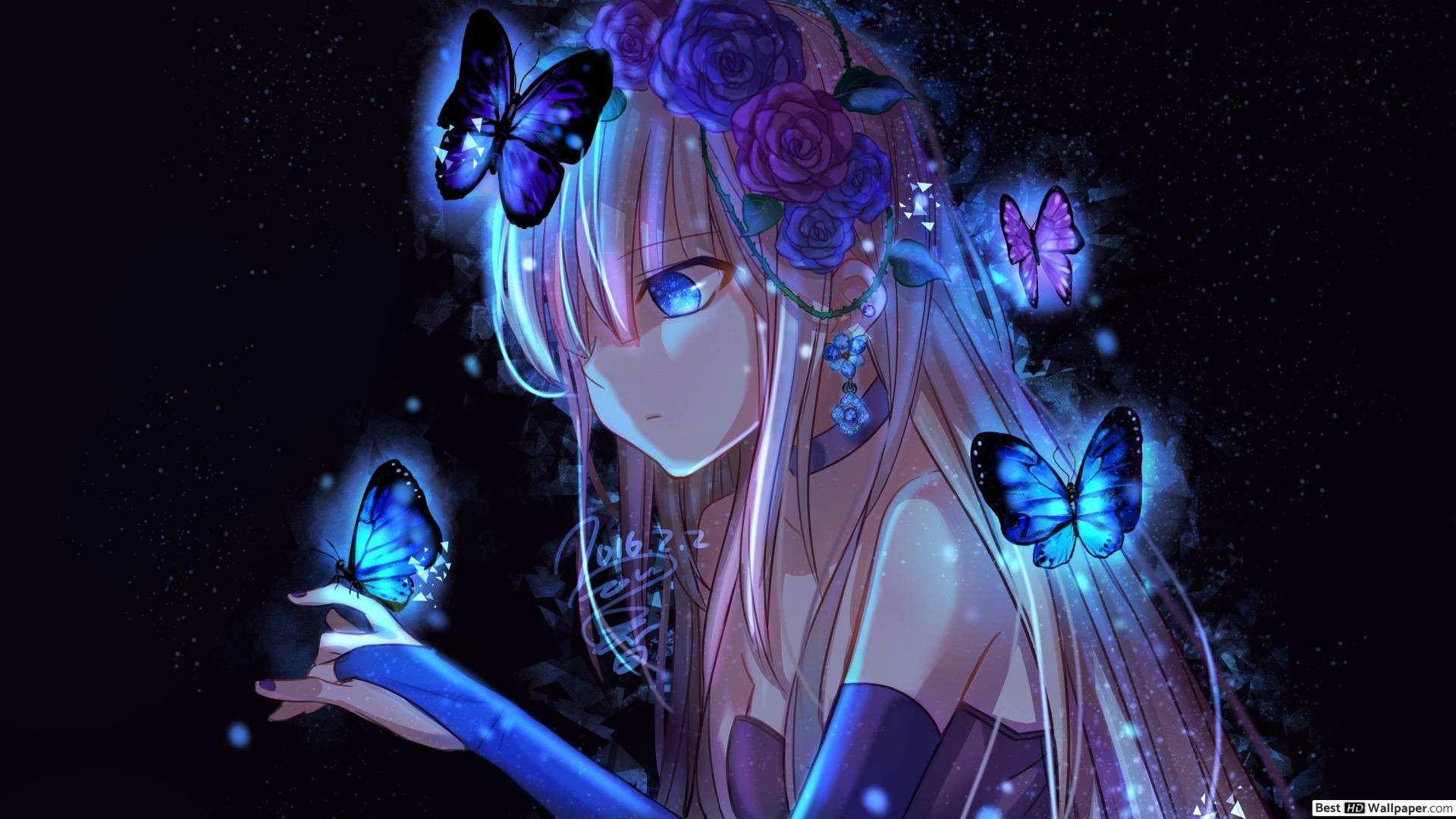 1920x1080 Anime Girl and Butterflies HD wallpaper download