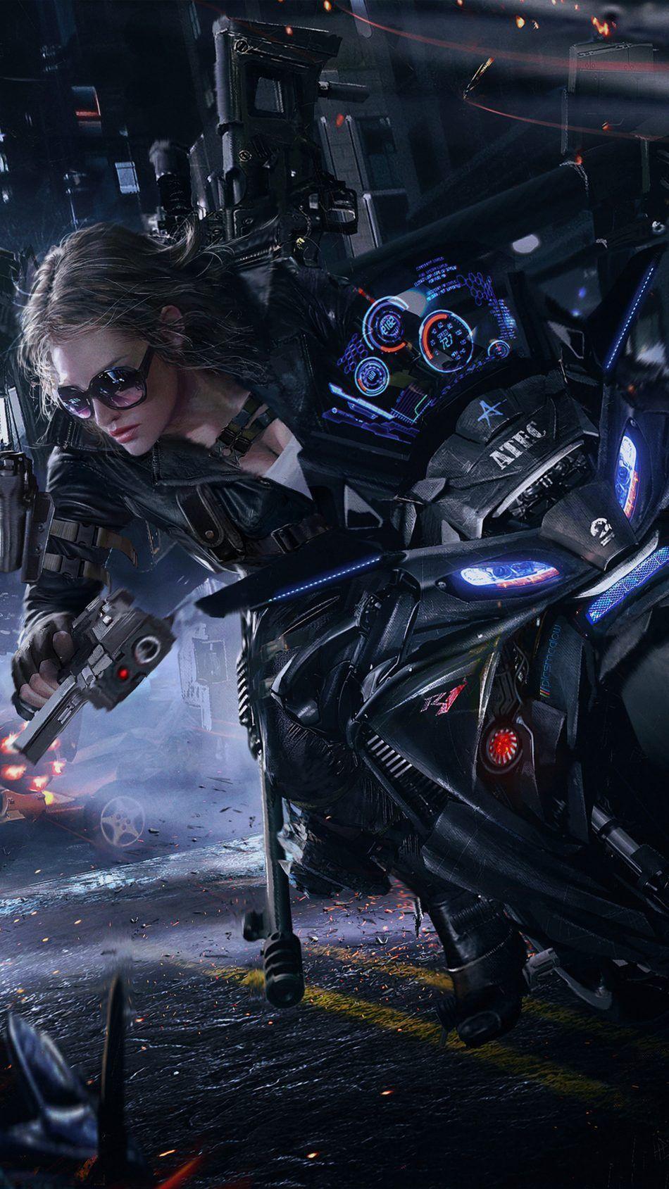 950x1689 Cyberpunk Motorcycle Biker Girl Sci Fi Wallpaper