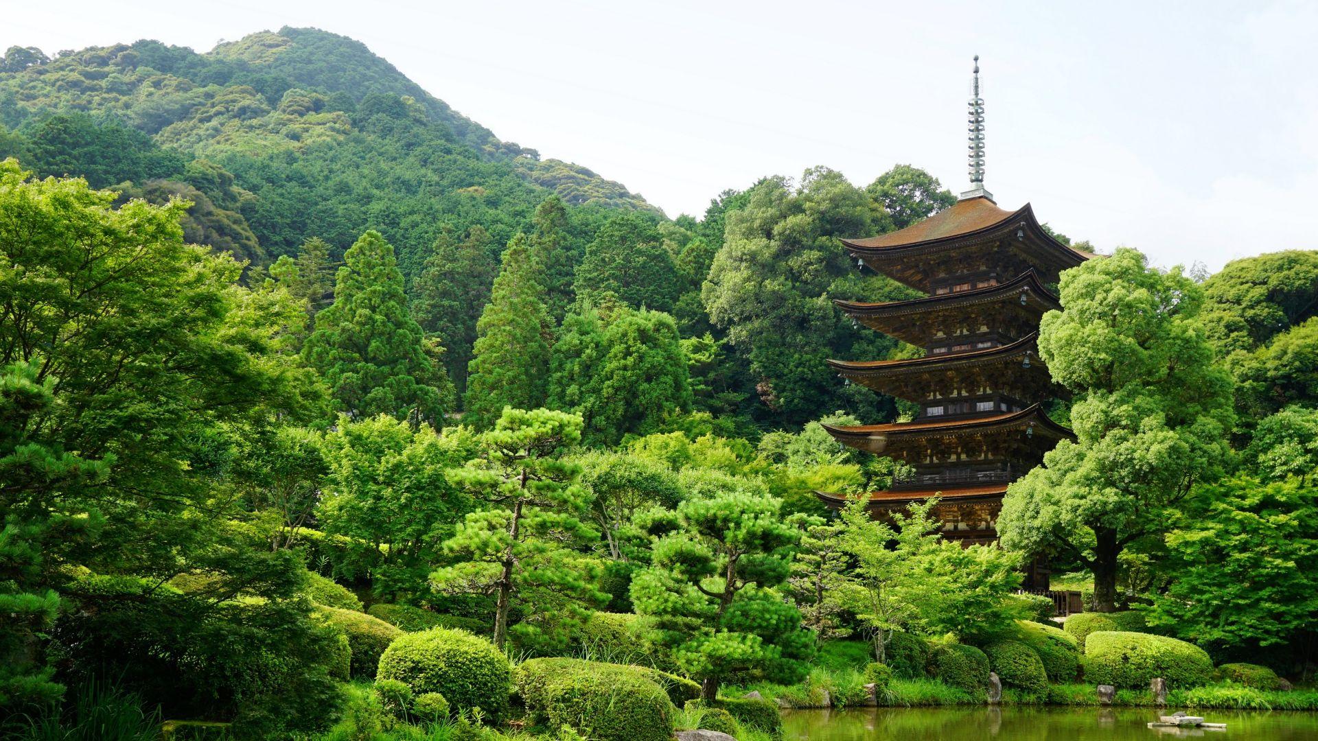 1920x1080 HD Background Rurikoji Temple Japan Yamaguchi Pond Trees Wallpaper