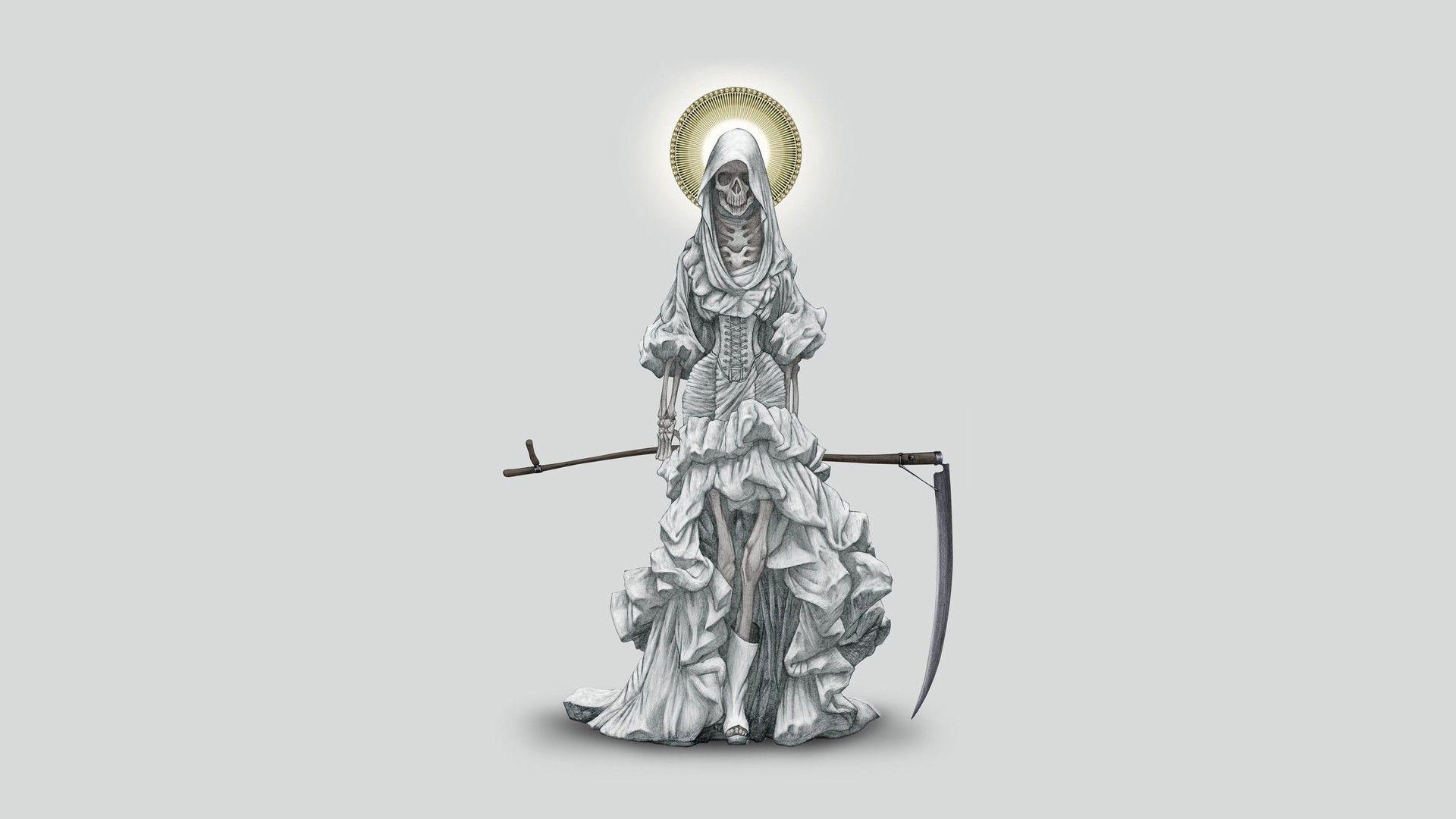 1920x1080 #minimalism, #white dress, #scythe, #Grim Reaper, #Kaguya